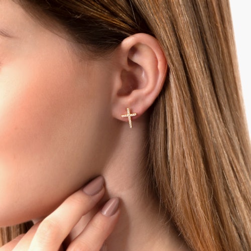 Kolczyki krzyżyk Savicki: srebrne pozłacane, cyrkonie